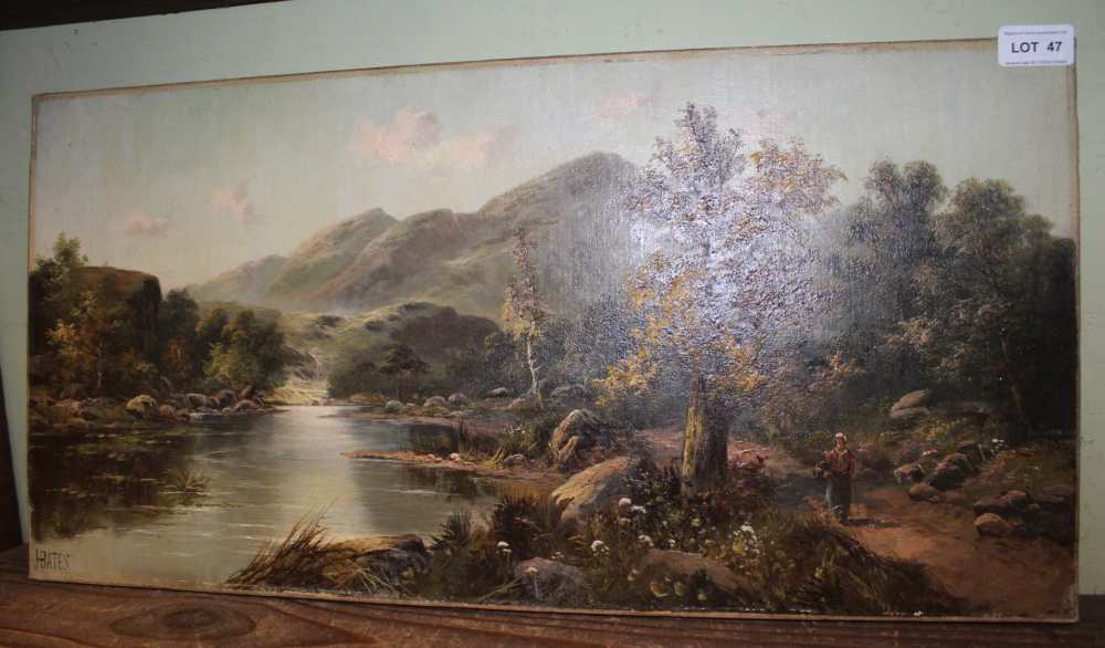 A PROBABLE LATE 19TH CENTURY OIL ON CANVAS OF LADY ON A PATH, by a river, signed 'H.Bates'