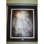 A SIGNED LIMITED EDTION PRINT BY BOB BARKER depicting a couple walking in a rainy wooded