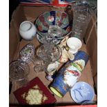 A BOX CONTAINING A SELECTION OF DOMESTIC POTTERY & GLASSWARE to include; Royal Doulton lustre ware