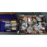 A BOX CONTAINING A GOOD SELECTION OF DOMESTIC METALWARES to include hallmarked silver