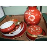A BOX CONTAINING A LARGE SELECTION OF ORANGE FLORAL DECORATED BAVARIAN PORCELAIN to include pots,