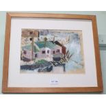 LOUISE STURGIS A MODERN OIL ON PAPER STUDY OF A NORWEIGAN DWELLING, plain mounted in pine frame