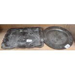 AN ANTIQUE PEWTER PLATE together with a Japanese pressed metal dish, depicting ducks on a pond,