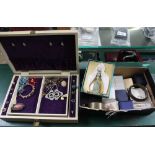 A JEWELLERY BOX AND A SHOE BOX CONTAINING COSTUME JEWELLERY and associated items