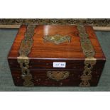 A VICTORIAN ROSEWOOD JEWELLERY BOX with decorative pierced and chased brass banding