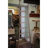 A TAPERING WOODEN ORCHARD LADDER