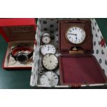 A BOX CONTAINING FIVE SILVER POCKET WATCHES, a leather cased travel clock and a modern wristwatch