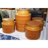 FOUR WOODEN TOPPED HORNSEA SAFFRON PATTERNED KITCHEN STORAGE JARS