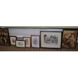 AN OIL ON CANVAS WOODLAND STUDY together with a selection of decorative pictures and prints