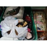 A BOX AND A CRATE CONTAINING A SELECTION OF DOLLS, doll's house accessories and other play things,