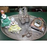 TWO PORCELAIN FEMALE FIGURINES, a four bottle table cruet, an oval tray and a barometer mounted in a