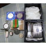 A SELECTION OF COLLECTORS COINAGE, a pocket compass, hallmarked silver items and a cameo brooch