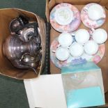 A BOX CONTAINING A SILVER-PLATED TEA SERVICE, modern floral decorated part tea service etc.