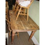 A STRIPPED WOOD PLANK RECTANGULAR TOPPED TABLE on four turned legs