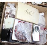 A BOX CONTAINING A SELECTION OF COSTUME JEWELLERY and associated items various