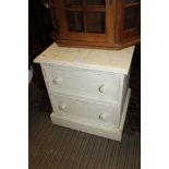 A SMALL TWO-DRAWER BEDSIDE UNIT with craquelure paint effect