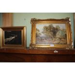 TWO 19TH CENTURY OIL PAINTINGS one on canvas, by Alfred Hinley of cottages near Aber, together