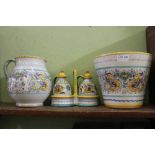 A SELECTION OF HAND PAINTED ITALIAN POTTERY to include an oil & vinegar set