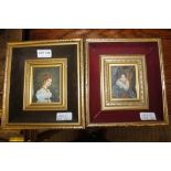 TWO REPRODUCTION FEMALE PORTRAIT MINIATURES in velvet lined frames