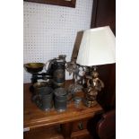 A SELECTION OF USEFUL & COLLECTABLE DOMESTIC METALWARES to include kitchen scales, pewter