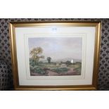 20TH CENTURY BRITISH SCHOOL 'Landscape with cottages of solitary Figure', Watercolour painting,