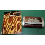 AN ANTIQUE TORTOISESHELL COVERED VISITING CARD CASE together with a French metal mounted wooden