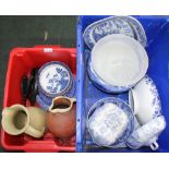 TWO CRATES CONTAINING PREDOMINANTLY BLUE & WHITE DOMESTIC POTTERY