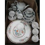 A BOX FULL OF DOMESTIC POTTERY to include a Susie Cooper blue floral decorated part tea service