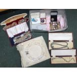A SHOEBOX OF COSTUME JEWELLERY, and associated items