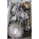 A BOX CONTAINING A SELECTION OF DOMESTIC METALWARES the majority plated and for the table top