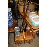 A SELECTION OF DOMESTIC ITEMS to include a cantilever sewing box, two warming pans, a cast French