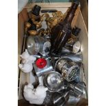 A CRATE CONTAINING A SELECTION OF DOMESTIC ITEMS VARIOUS to include, twin sconce wall lights, plated