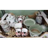 A BOX CONTAINING A SELECTION OF WEDGWOOD GREEN JASPERWARE, a large Portmeirion teapot, and a Wileman