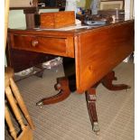 A 19TH CENTURY MAHOGANY DROP LEAF PEMBROKE TABLE, fitted one end drawer, on gun barrel single