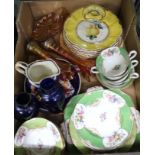 A BOX CONTAINING A SELECTION OF DOMESTIC POTTERY & GLASSWARE to include, part Aynsley tea service,