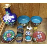 A SELECTION OF SMALL SIZED CLOISONNE to include a three-piece cruet