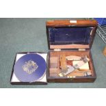 A 19TH CENTURY ROSEWOOD BOX with brass banding, containing a selection of domestic collectables,