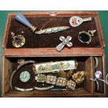 A LEATHER COVERED BOX CONTAINING MOSAIC JEWELLERY etc.