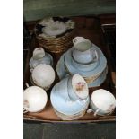 A BOX CONTAINING A BLUE DECORATED COALPORT PART TEA SERVICE together with a selection of 19th