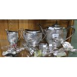 A FERN PATTERNED SILVER PLATED THREE-PIECE TEA SERVICE together with a series of boxed silver