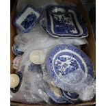 A BOX CONTAINING A LARGE SELECTION OF BLUE & WHITE TRANSFER DECORATED TABLE WARES VARIOUS to include