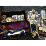 A collection of Masonic items belonging to F. W. Parker including apron, Worcester patches and