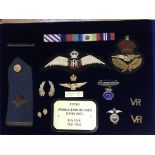 A box containing various RAF and military items to include patches and pins