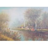 DI MEO. Framed, unglazed, signed early 20th century oil on canvas, villagers beside river, with