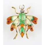 A novelty enamel bug brooch, the winged bug featuring graduated orange, green and yellow enamel with