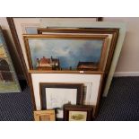 Selection of assorted oils, prints and watercolours.