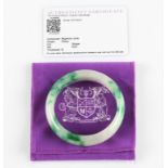 A dyed nephrite jade bangle, with Gemporia certificate.