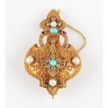 A Continental diamond, ruby split pearl and turquoise brooch / pendant, the curved and trefoil