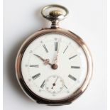 An open face crown wind pocket watch, the white enamel dial having hourly Roman numeral makers