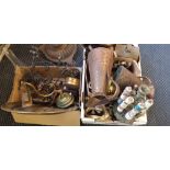 A quantity of various brass and copper ware and heavy cast based standard lamp.